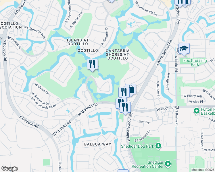 map of restaurants, bars, coffee shops, grocery stores, and more near 3800 South Cantabria Circle in Chandler