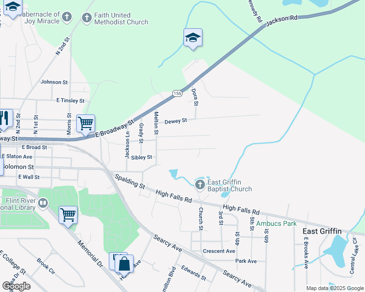 map of restaurants, bars, coffee shops, grocery stores, and more near 251 Lang Street in Griffin