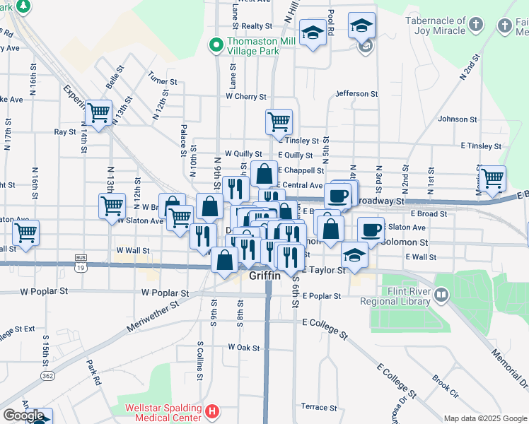map of restaurants, bars, coffee shops, grocery stores, and more near 155 North Hill Street in Griffin