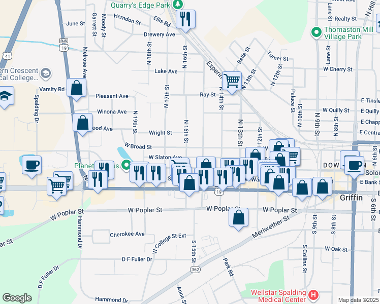 map of restaurants, bars, coffee shops, grocery stores, and more near 915 West Broad Street in Griffin