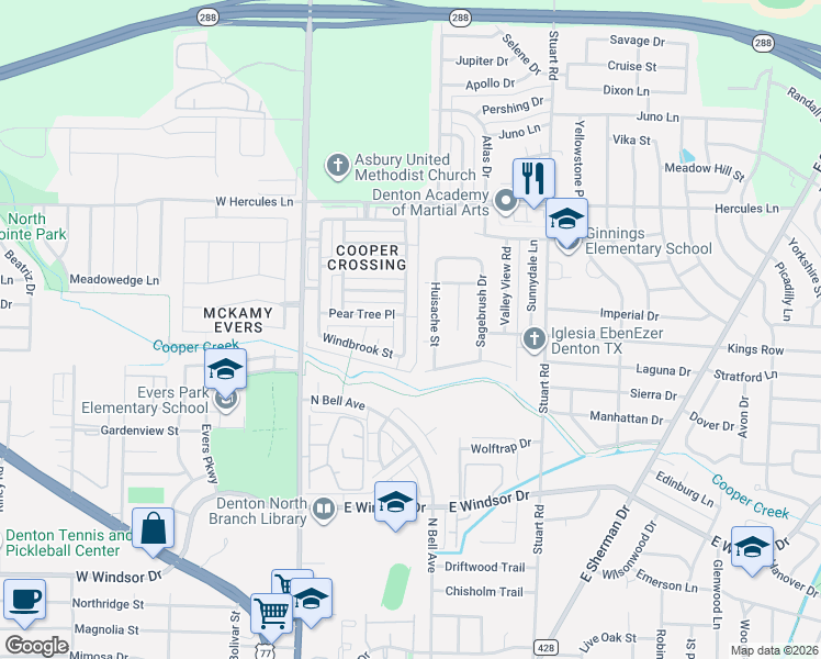 map of restaurants, bars, coffee shops, grocery stores, and more near 321 Pear Tree Place in Denton