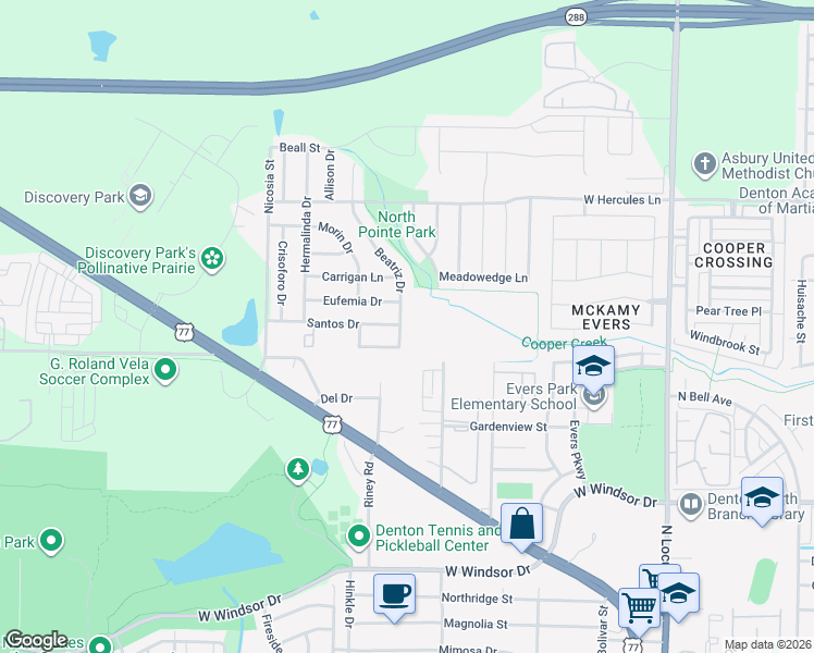 map of restaurants, bars, coffee shops, grocery stores, and more near 3428 Beatriz Drive in Denton