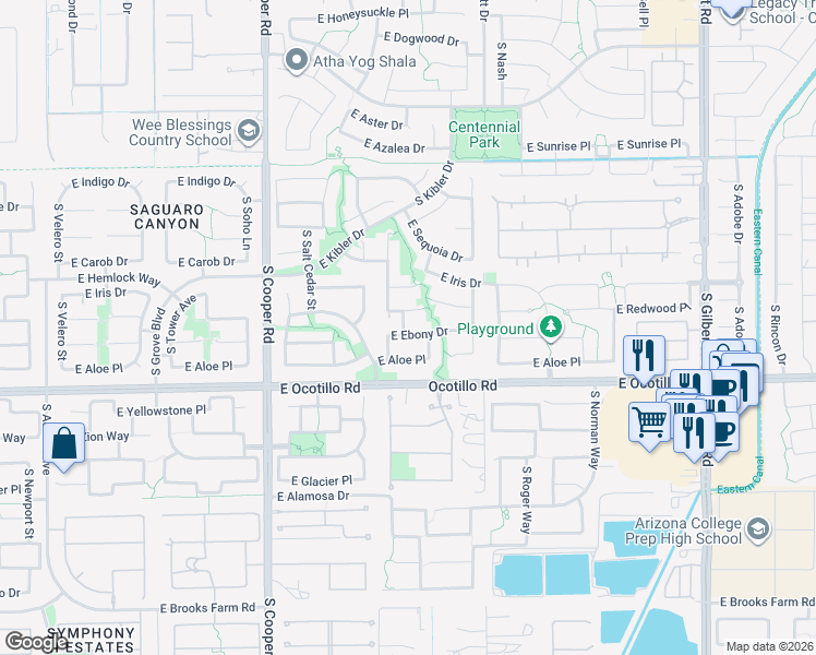 map of restaurants, bars, coffee shops, grocery stores, and more near 2307 East Redwood Court in Chandler
