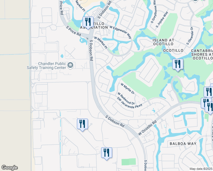 map of restaurants, bars, coffee shops, grocery stores, and more near 2352 West Redwood Drive in Chandler
