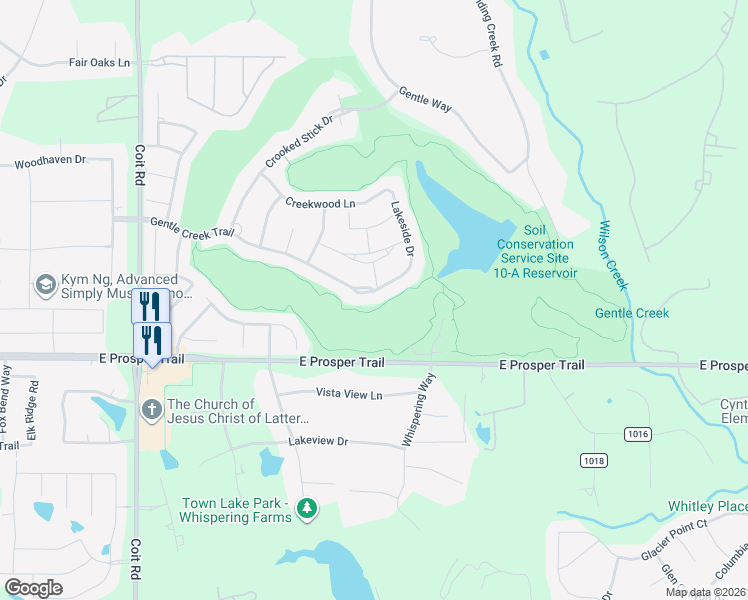 map of restaurants, bars, coffee shops, grocery stores, and more near 2991 Gentle Creek Trail in Prosper