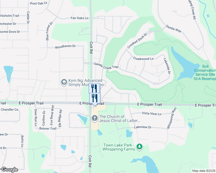 map of restaurants, bars, coffee shops, grocery stores, and more near 990 Woodstream Drive in Prosper
