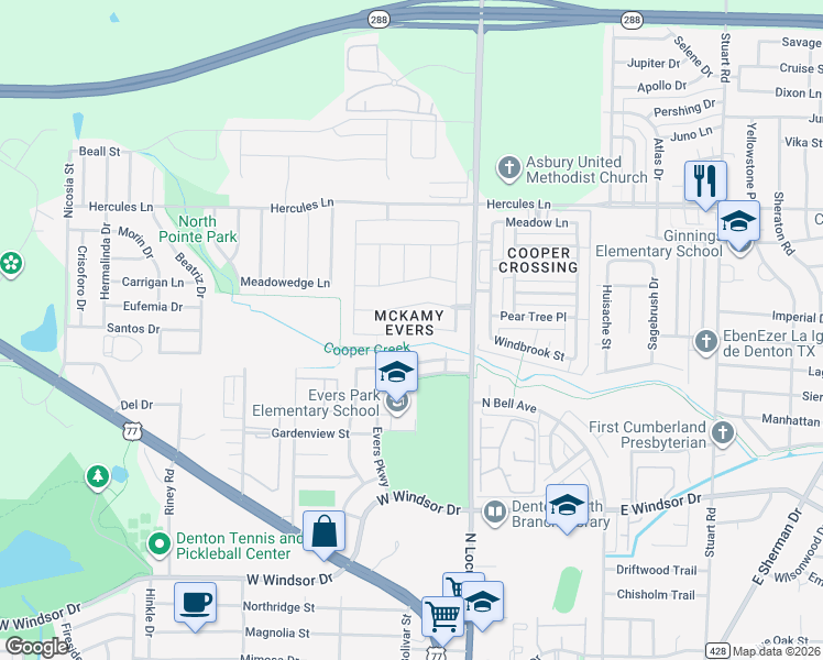 map of restaurants, bars, coffee shops, grocery stores, and more near 208 Tripp Trail in Denton