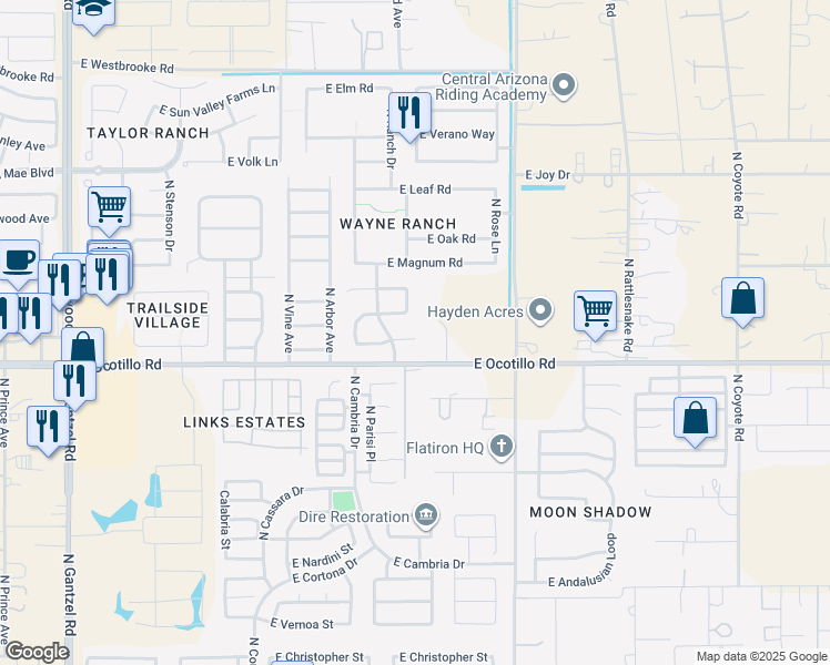 map of restaurants, bars, coffee shops, grocery stores, and more near 1472 East Trellis Place in Queen Creek