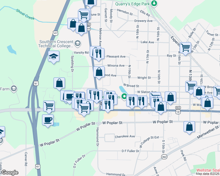 map of restaurants, bars, coffee shops, grocery stores, and more near 202 Hillside Circle in Griffin