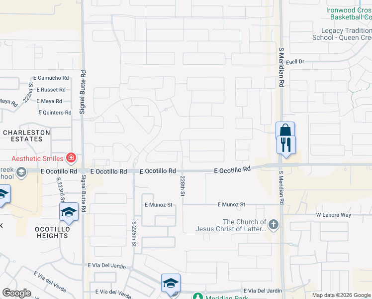 map of restaurants, bars, coffee shops, grocery stores, and more near 21822 South 228th Place in Queen Creek
