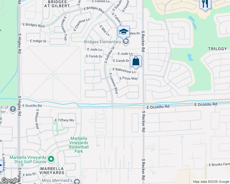 map of restaurants, bars, coffee shops, grocery stores, and more near 3850 East Narrowleaf Drive in Gilbert