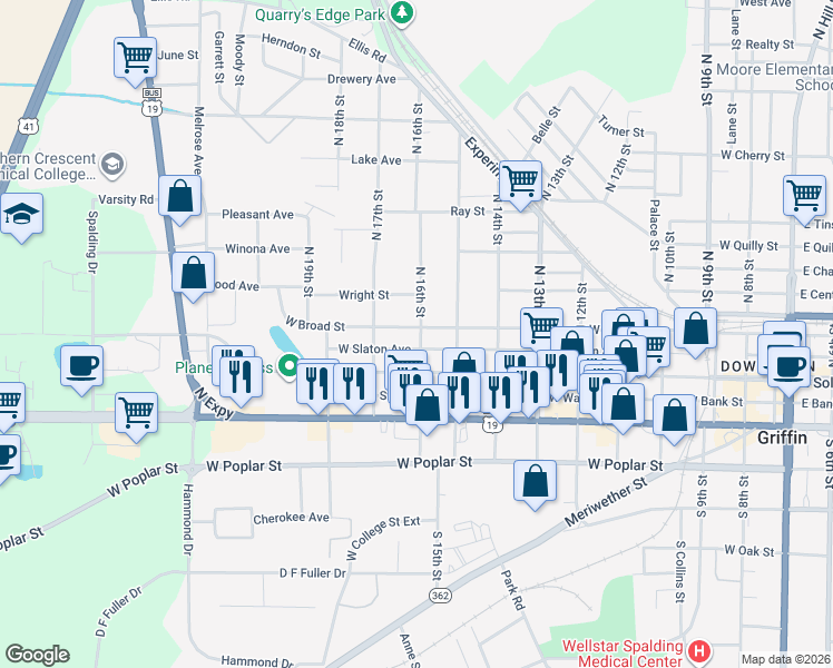 map of restaurants, bars, coffee shops, grocery stores, and more near 915 West Broad Street in Griffin