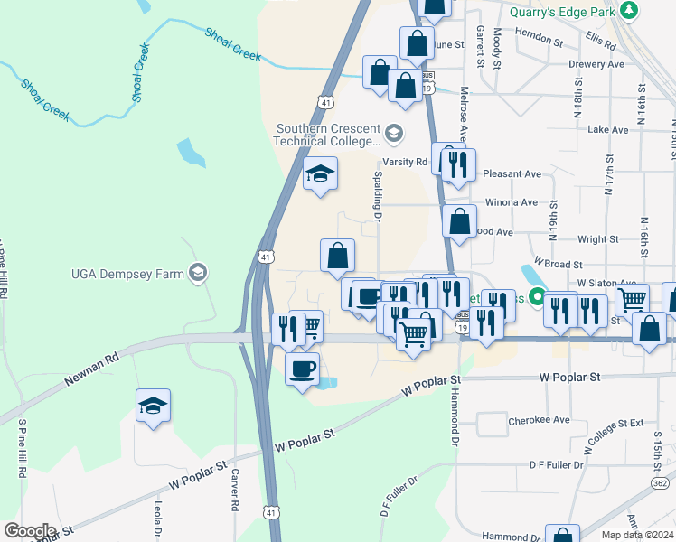 map of restaurants, bars, coffee shops, grocery stores, and more near 1528 Flynt Street in Griffin