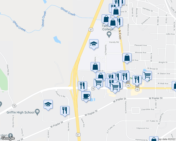 map of restaurants, bars, coffee shops, grocery stores, and more near 1556 Flynt Street in Griffin