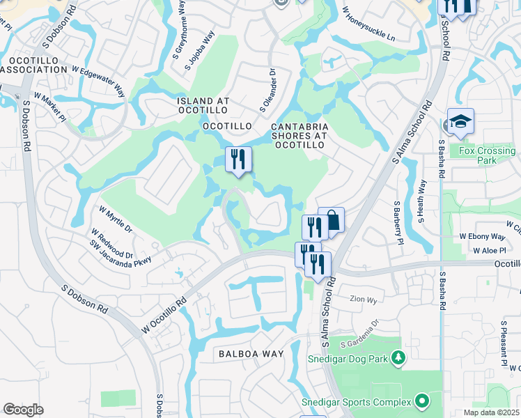map of restaurants, bars, coffee shops, grocery stores, and more near 3800 South Cantabria Circle in Chandler