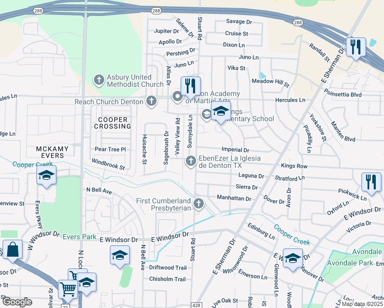 map of restaurants, bars, coffee shops, grocery stores, and more near 3316 Sunnydale Lane in Denton