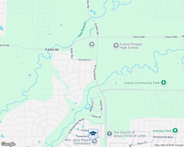 map of restaurants, bars, coffee shops, grocery stores, and more near Prosper Road in Prosper