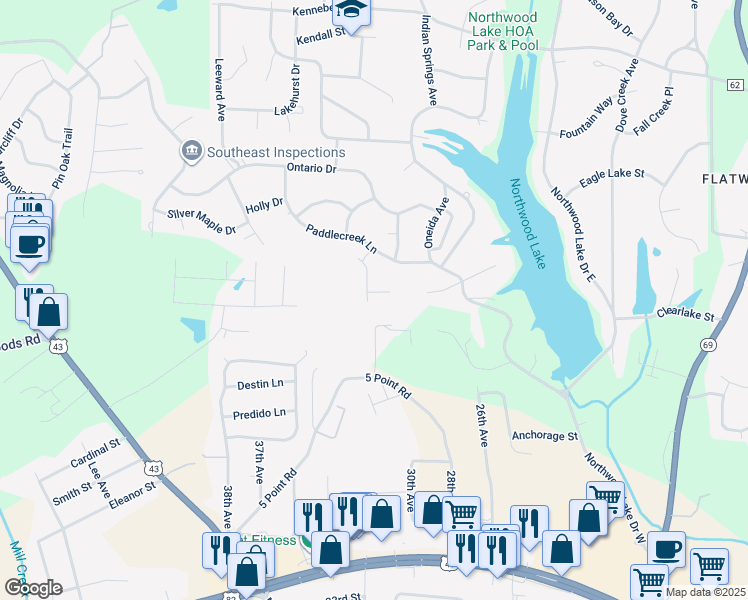 map of restaurants, bars, coffee shops, grocery stores, and more near 4501 Rainwood Avenue in Northport