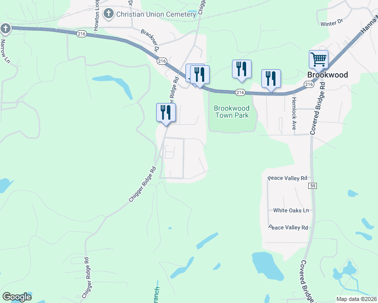 map of restaurants, bars, coffee shops, grocery stores, and more near 12981-12985 Brookstone Way in Brookwood
