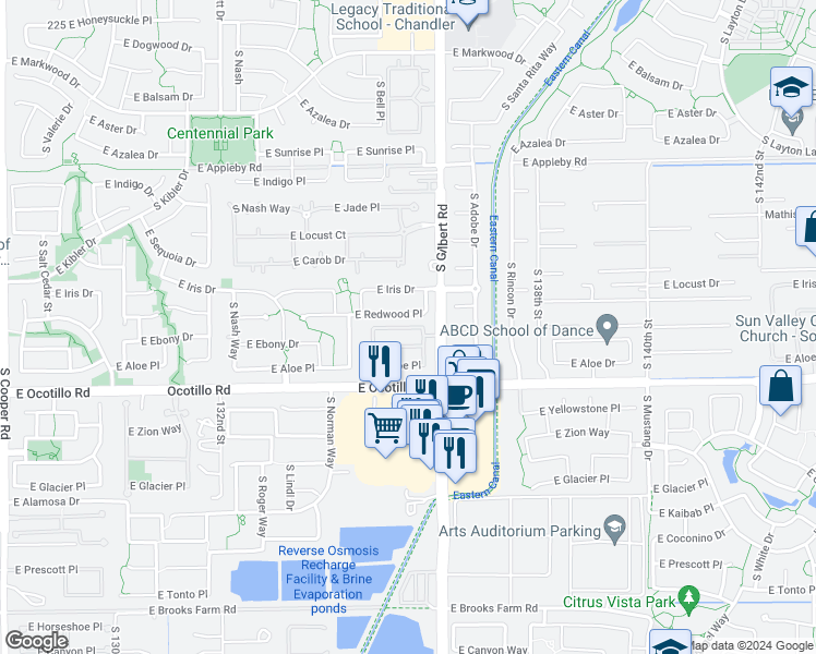 map of restaurants, bars, coffee shops, grocery stores, and more near Citrus Way in Chandler