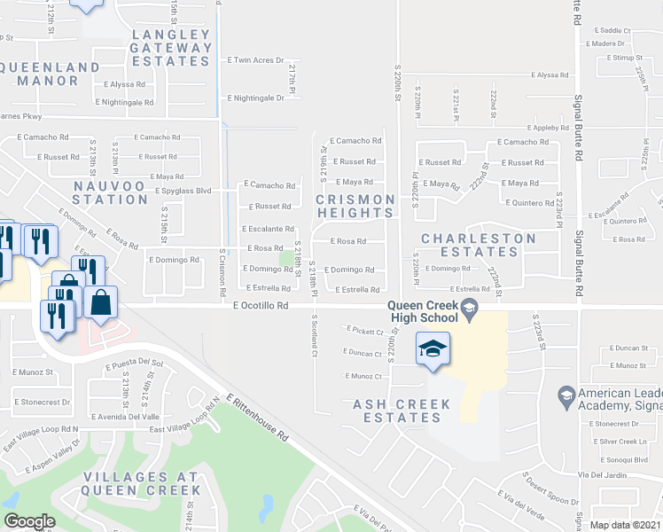 map of restaurants, bars, coffee shops, grocery stores, and more near 21914 East Domingo Road in Queen Creek