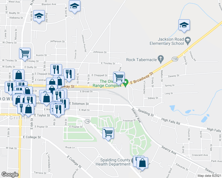 map of restaurants, bars, coffee shops, grocery stores, and more near 802 East Broadway Street in Griffin