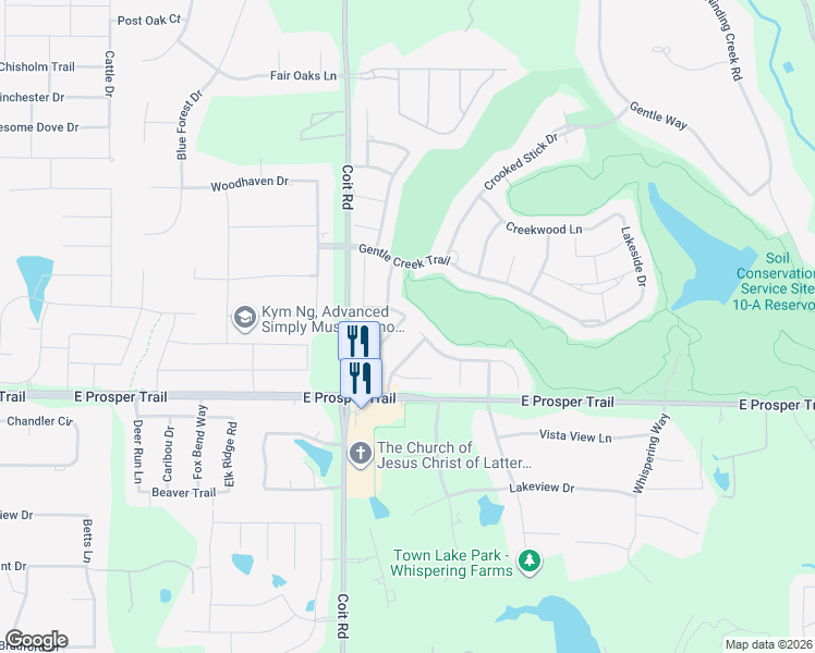 map of restaurants, bars, coffee shops, grocery stores, and more near 990 Woodstream Dr in Prosper