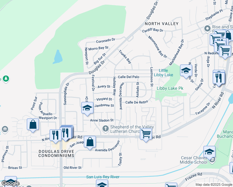map of restaurants, bars, coffee shops, grocery stores, and more near 253 Holiday Way in Oceanside