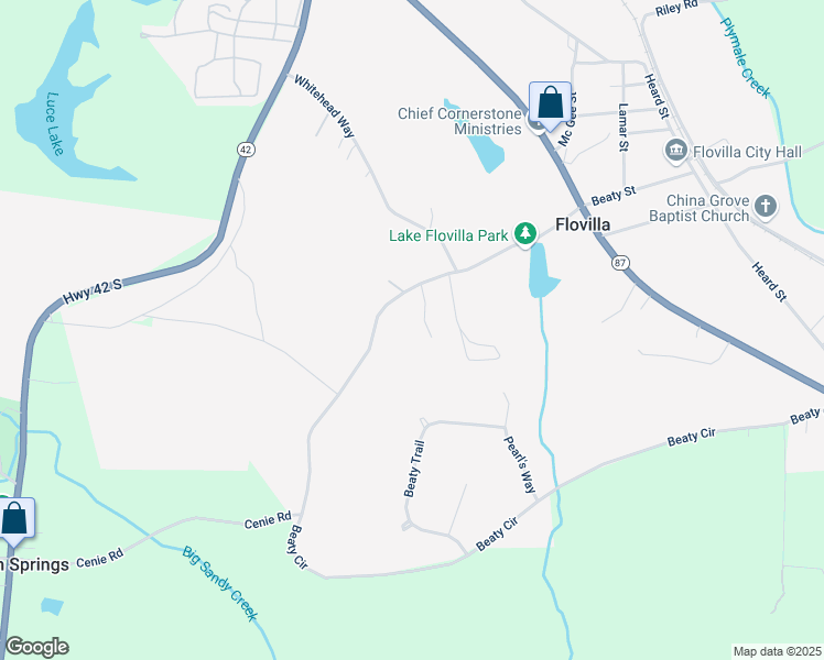 map of restaurants, bars, coffee shops, grocery stores, and more near 199 Beaty Circle in Flovilla