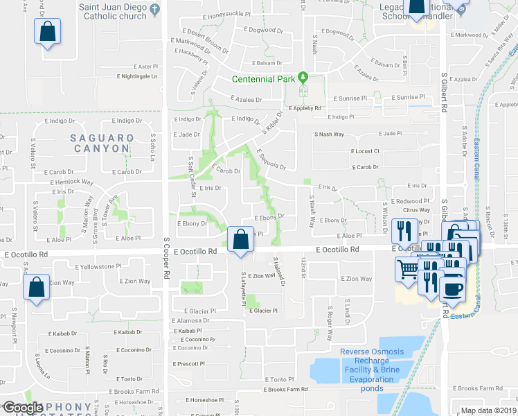 map of restaurants, bars, coffee shops, grocery stores, and more near 2307 East Redwood Court in Chandler