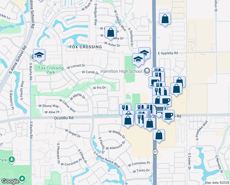 map of restaurants, bars, coffee shops, grocery stores, and more near 4 North Woodside Court in Chandler