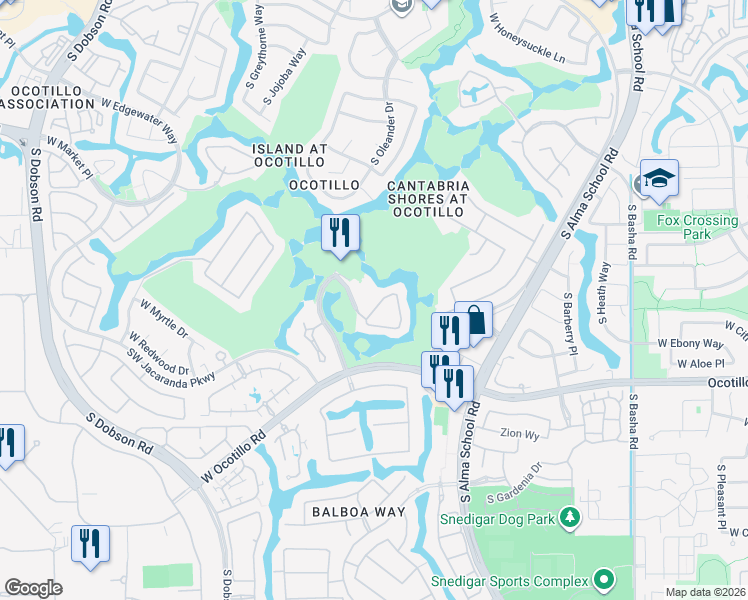 map of restaurants, bars, coffee shops, grocery stores, and more near 3839 South Cantabria Circle in Chandler