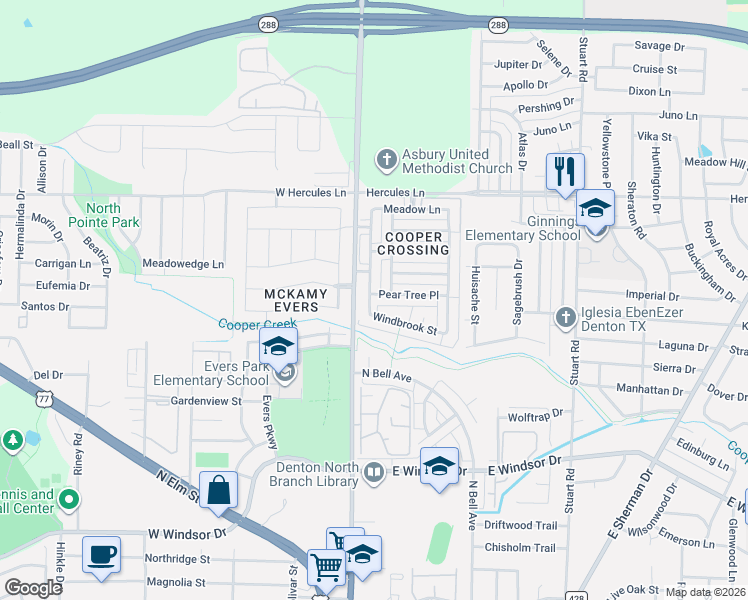 map of restaurants, bars, coffee shops, grocery stores, and more near 100 Pear Tree Place in Denton