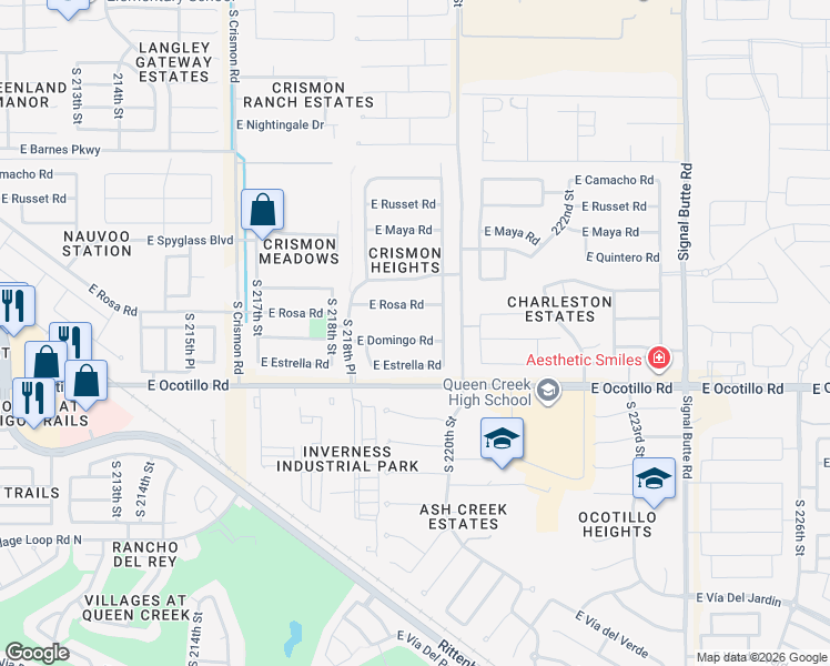 map of restaurants, bars, coffee shops, grocery stores, and more near 21964 East Domingo Road in Queen Creek