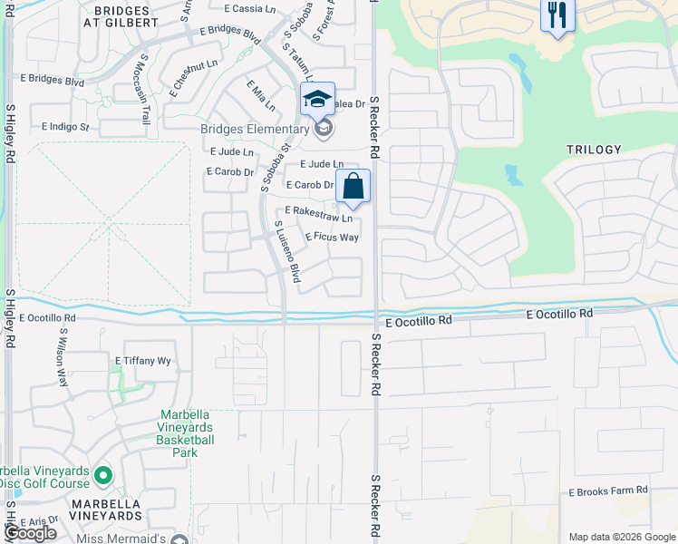 map of restaurants, bars, coffee shops, grocery stores, and more near 3914 East Sourwood Drive in Gilbert