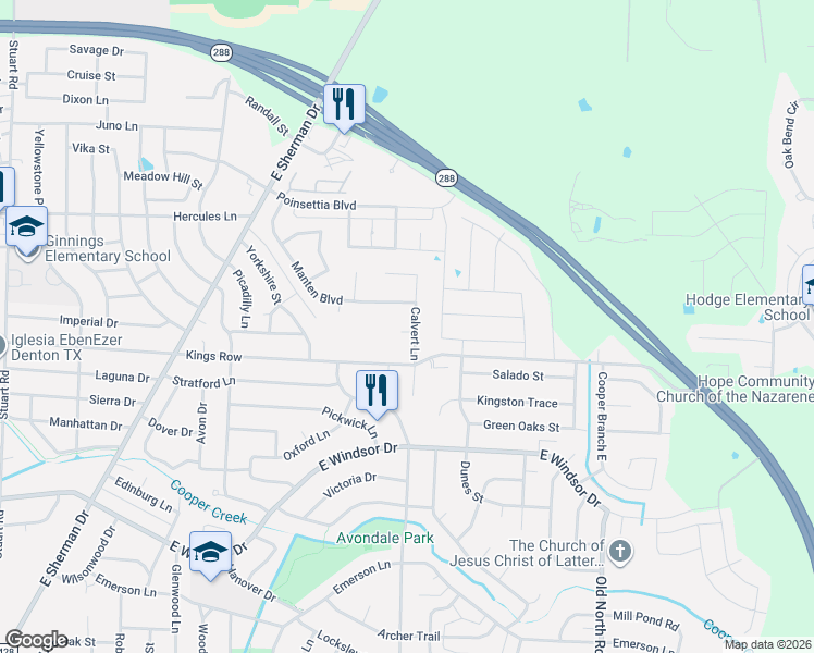 map of restaurants, bars, coffee shops, grocery stores, and more near 1905 La Vista Court in Denton