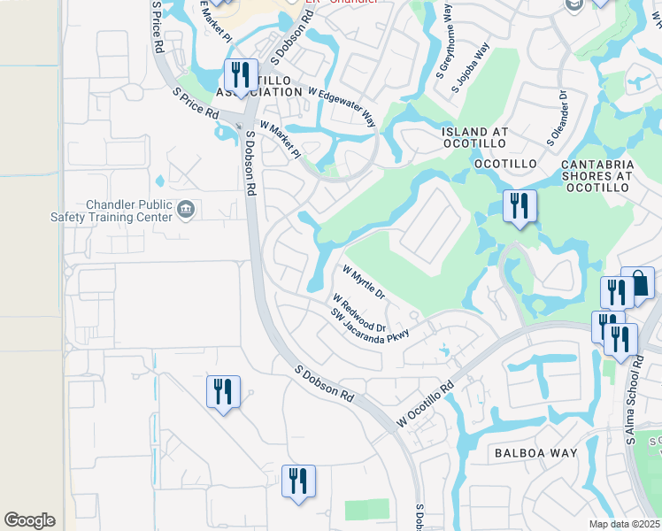 map of restaurants, bars, coffee shops, grocery stores, and more near 3740 South Waterfront Drive in Chandler