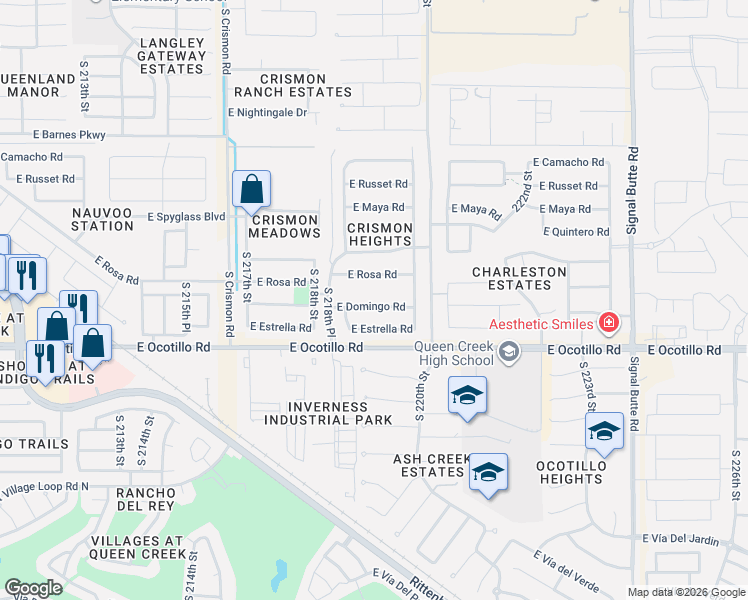map of restaurants, bars, coffee shops, grocery stores, and more near 21944 East Domingo Road in Queen Creek