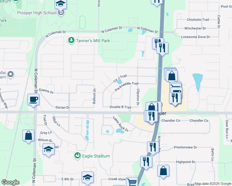 map of restaurants, bars, coffee shops, grocery stores, and more near 1000 Packsaddle Trail in Prosper