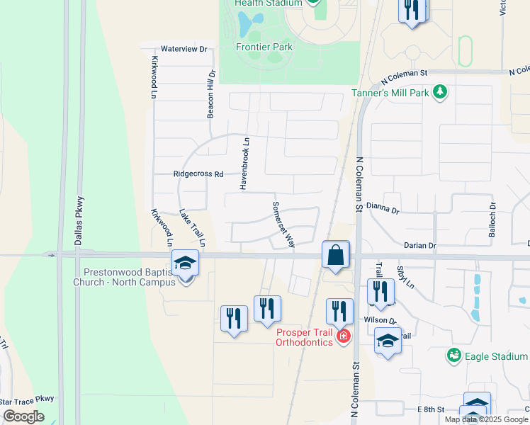 map of restaurants, bars, coffee shops, grocery stores, and more near 540 Hampshire Drive in Prosper