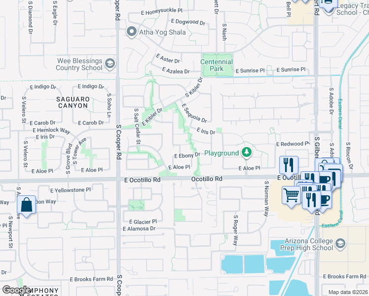 map of restaurants, bars, coffee shops, grocery stores, and more near 2307 East Redwood Court in Chandler