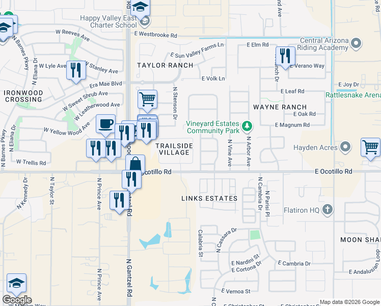 map of restaurants, bars, coffee shops, grocery stores, and more near 713 E Harvest Rd in Queen Creek