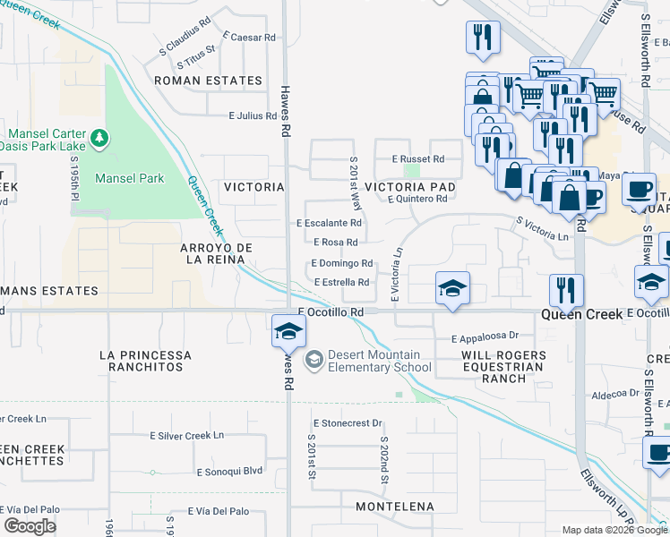 map of restaurants, bars, coffee shops, grocery stores, and more near 20103 East Domingo Road in Queen Creek