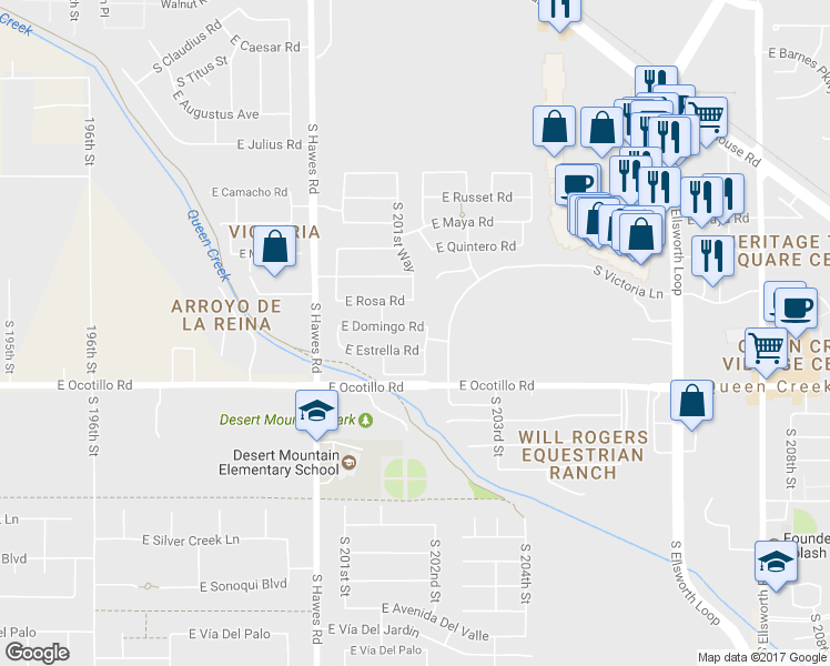 map of restaurants, bars, coffee shops, grocery stores, and more near 20187 East Domingo Road in Queen Creek