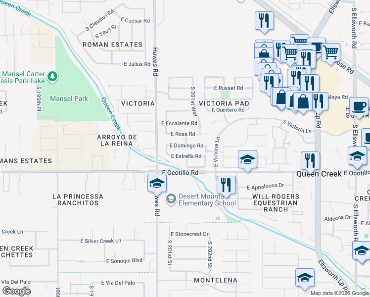 map of restaurants, bars, coffee shops, grocery stores, and more near 20103 East Domingo Road in Queen Creek