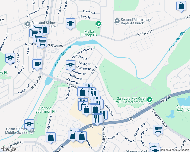 map of restaurants, bars, coffee shops, grocery stores, and more near 4970 Gabrielieno Avenue in Oceanside