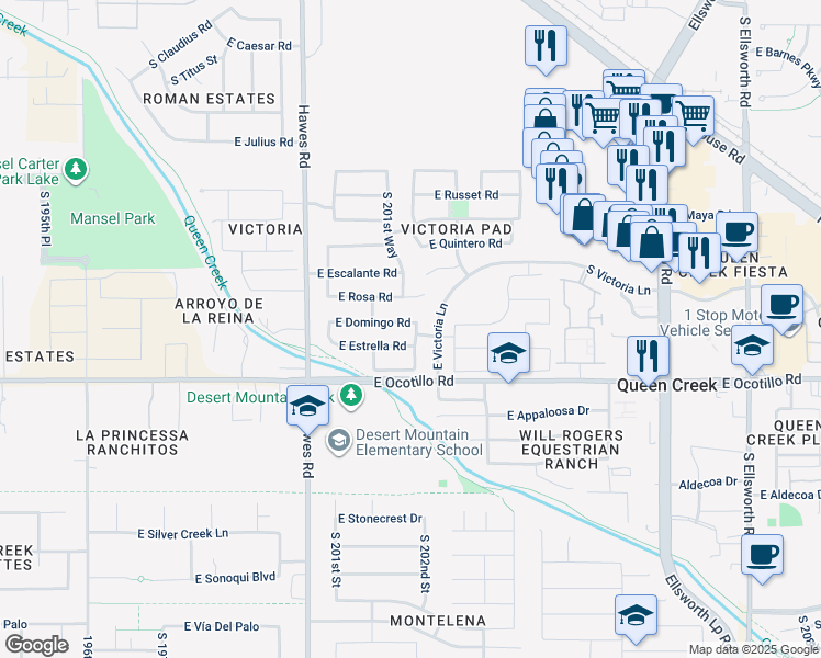 map of restaurants, bars, coffee shops, grocery stores, and more near 20447 East Domingo Road in Queen Creek