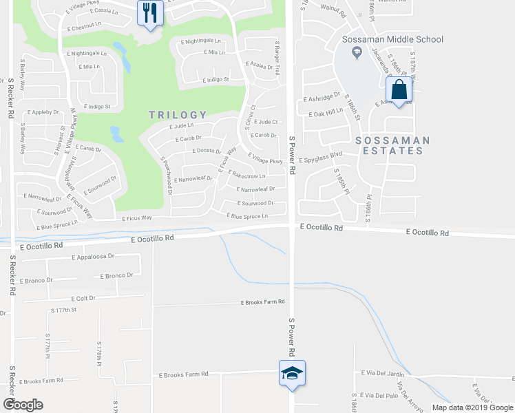 map of restaurants, bars, coffee shops, grocery stores, and more near 4697 East Sourwood Drive in Gilbert