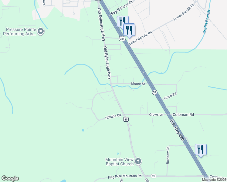 map of restaurants, bars, coffee shops, grocery stores, and more near 7136 Old Sylacauga Highway in Childersburg