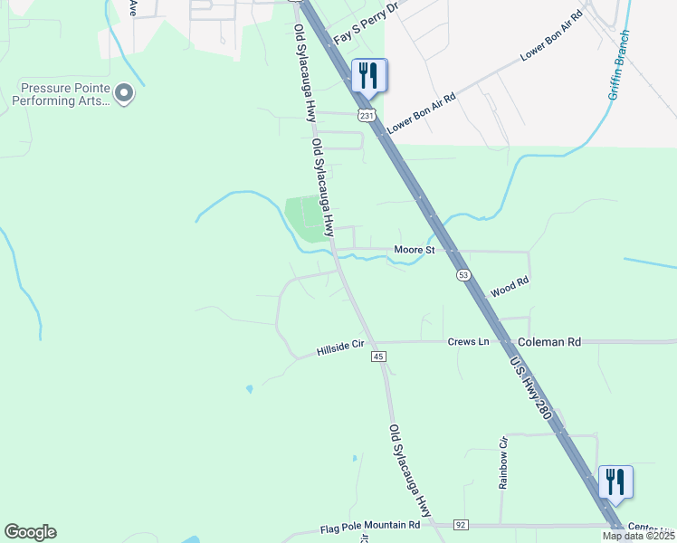 map of restaurants, bars, coffee shops, grocery stores, and more near 7136 Old Sylacauga Highway in Childersburg